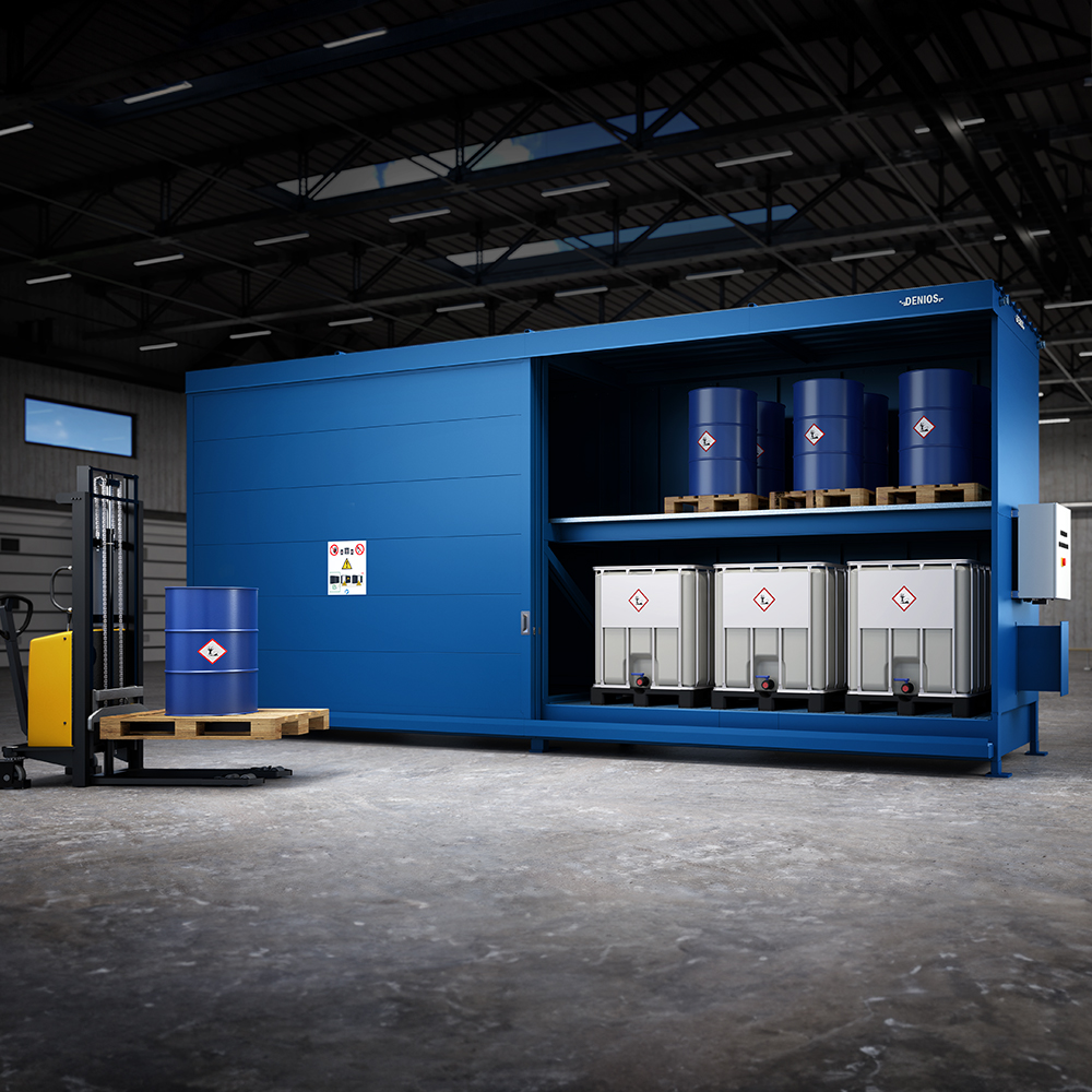 Turnkey DENIOS SC-K hazardous goods warehouse made of galvanized steel