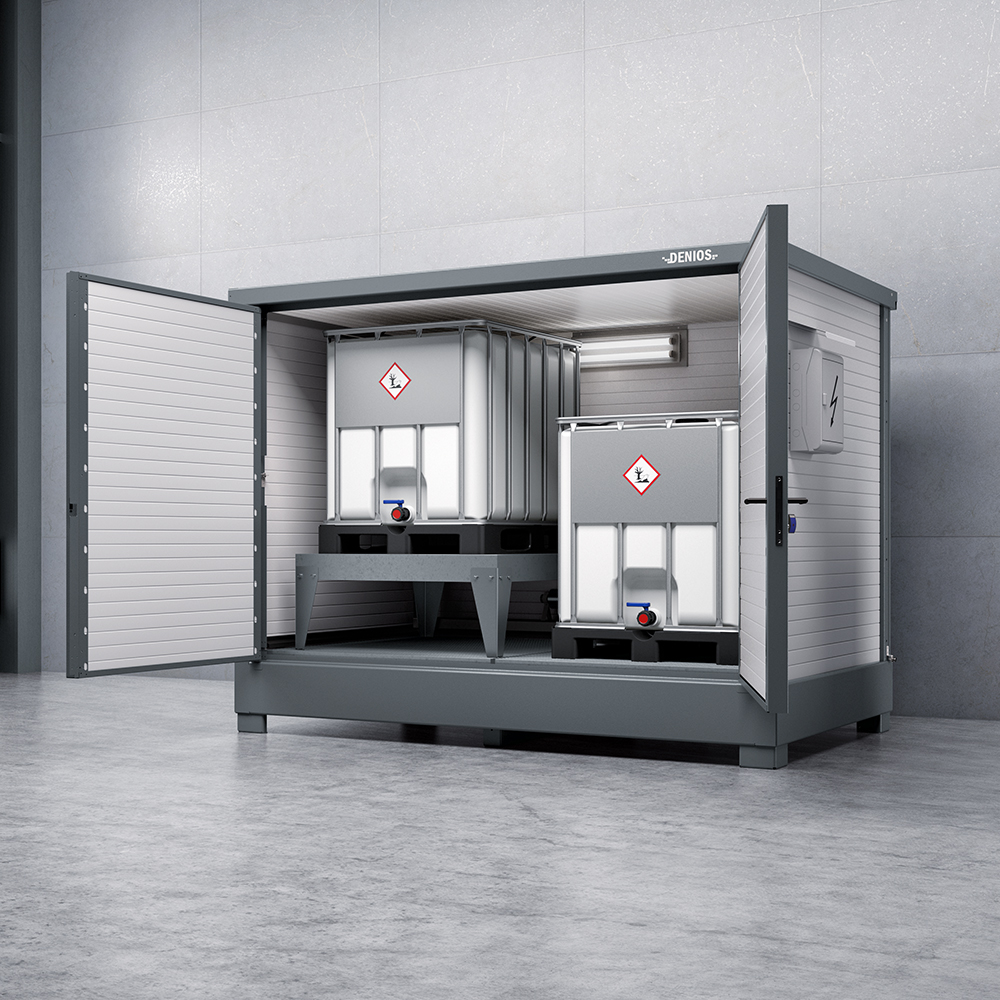 Turnkey compact DENIOS SolidMaxx hazardous goods warehouse made of steel