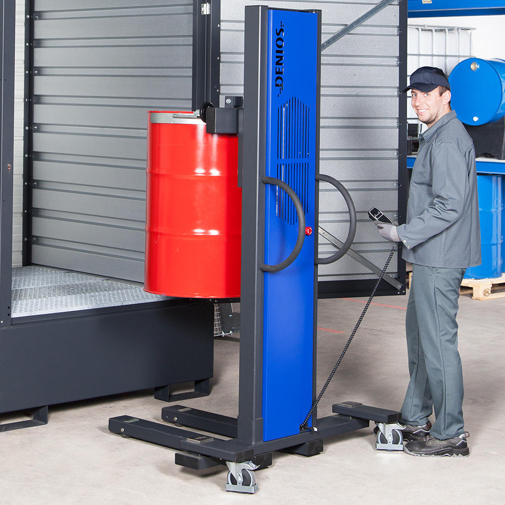 Drum lifter for feeding a hazardous goods warehouse from DENIOS