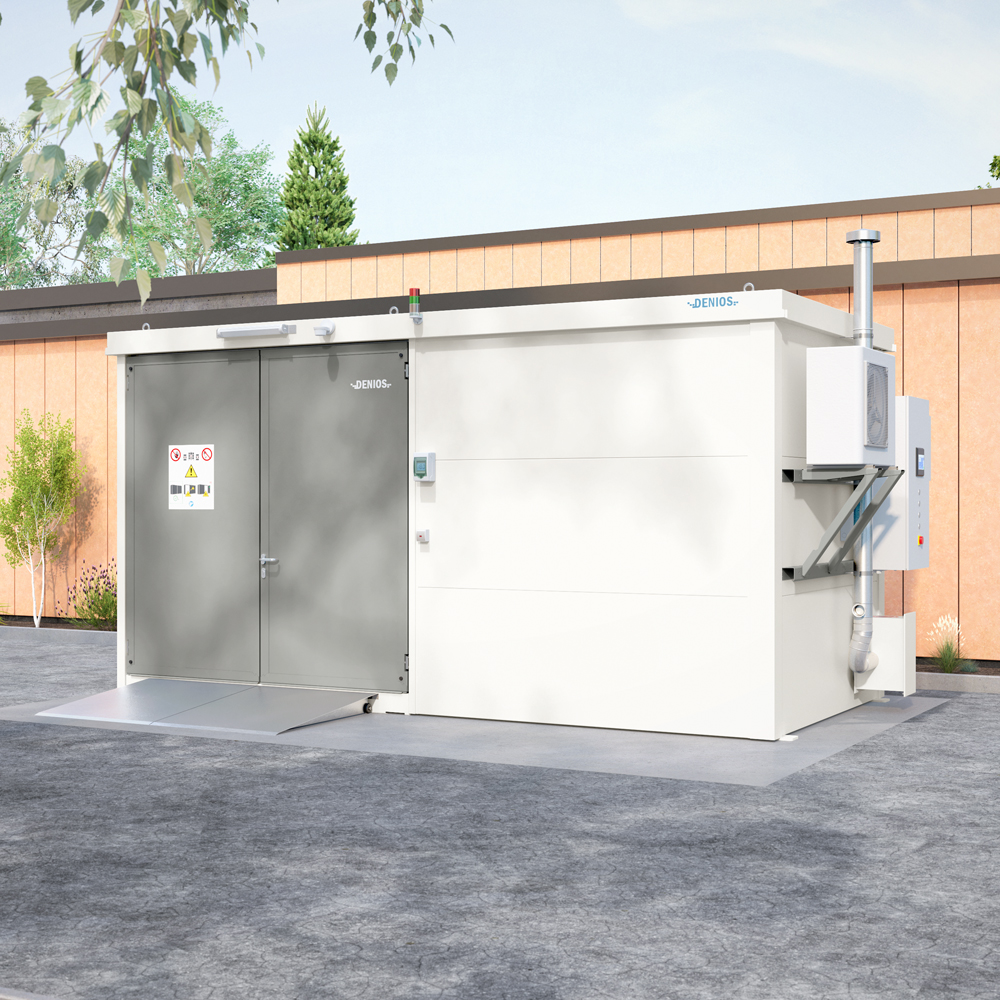 Ready-to-connect walk-in DENIOS hazardous goods warehouse WHS made of steel