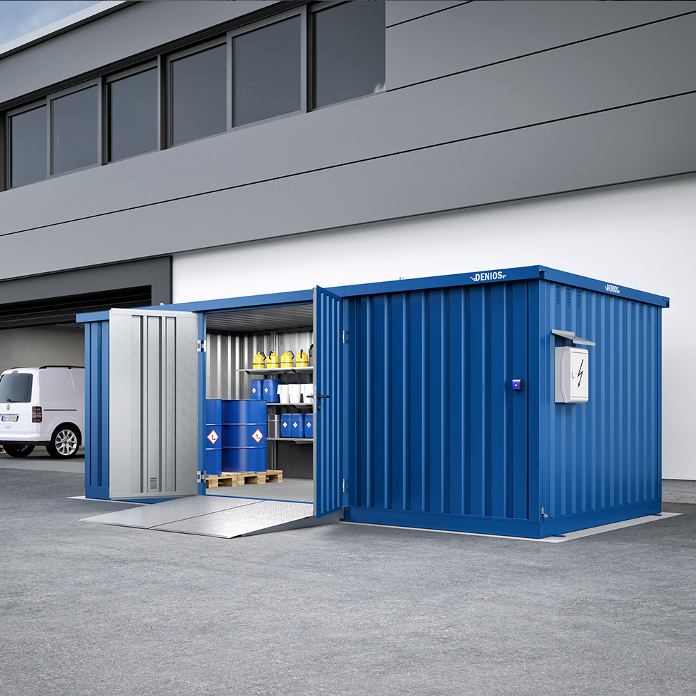 Turnkey walk-in DENIOS hazardous goods warehouse WHG made of galvanized steel