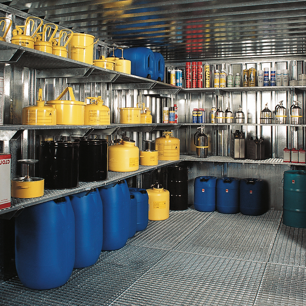 DENIOS rack warehouse filled with hazardous goods containers