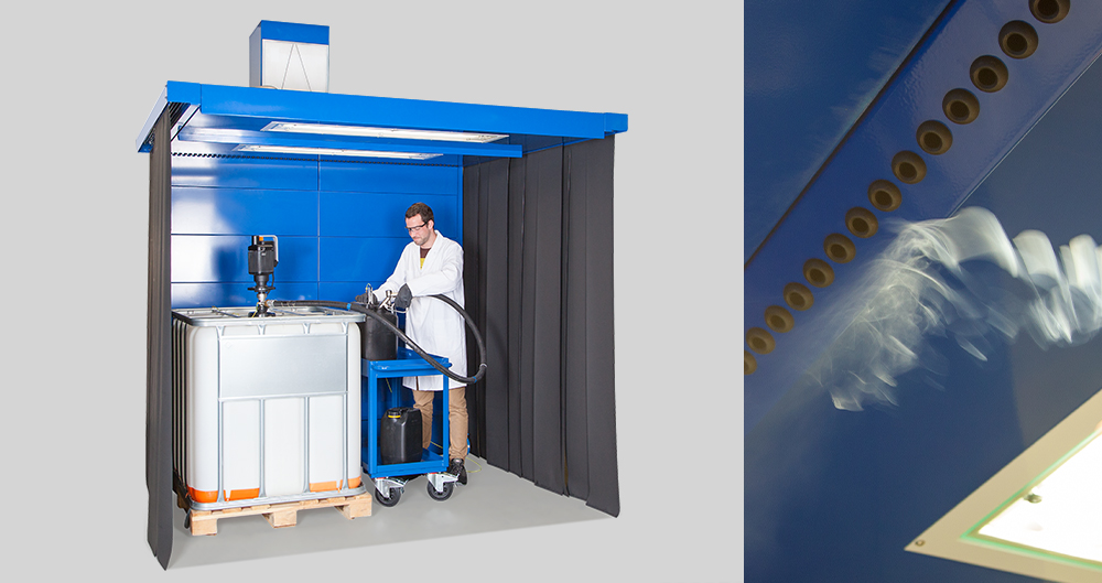 Transfer cabin with antistatic slat curtains for free access even from the sides
