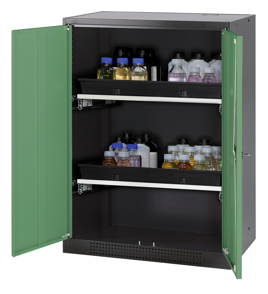 Armadio asecos Systema-T CS-82 per sost. chim., corpo antr., porte a batt. verdi, 2 cass. a mensola