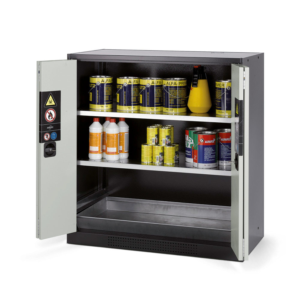 Chemikalienschrank CS-102-F, mit 2x Flachboden und Bodenauffangwanne verzinkt, grau