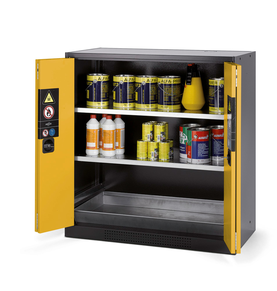 Chemikalienschrank CS-102-F, mit 2x Flachboden und Bodenauffangwanne verzinkt, gelb