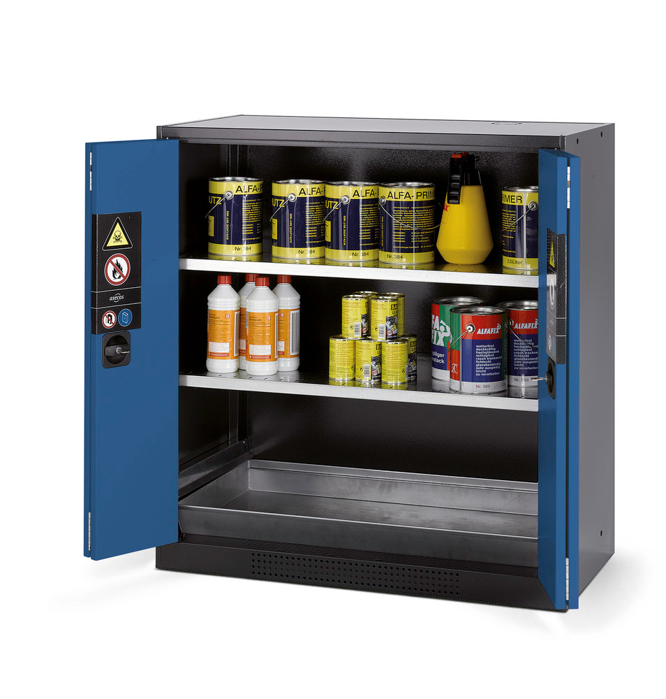 Chemikalienschrank CS-102-F, mit 2x Flachboden und Bodenauffangwanne verzinkt, blau