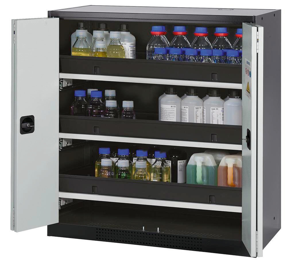 Chemikalienschrank CS.110.105.FD mit 3x Auszugswanne mit Auffangschale aus PP, grau