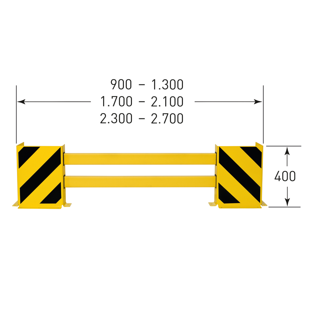Profilo paracolpi a C per scaffal., estraibile fino a 1300 mm, rivestito in giallo con strisce nere