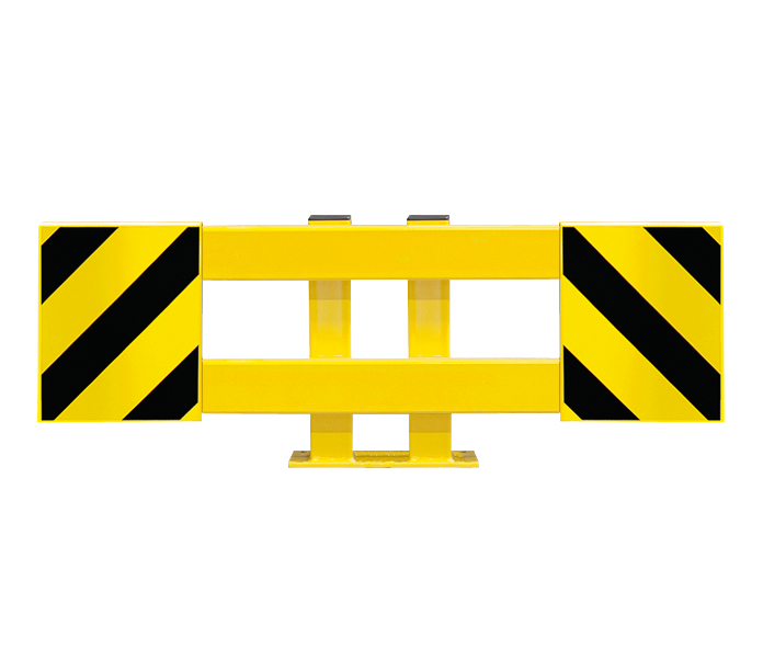 Profilo paracolpi per scaffal., estr. fino a 1300 mm, rivestito in plastica gialla, strisce nere
