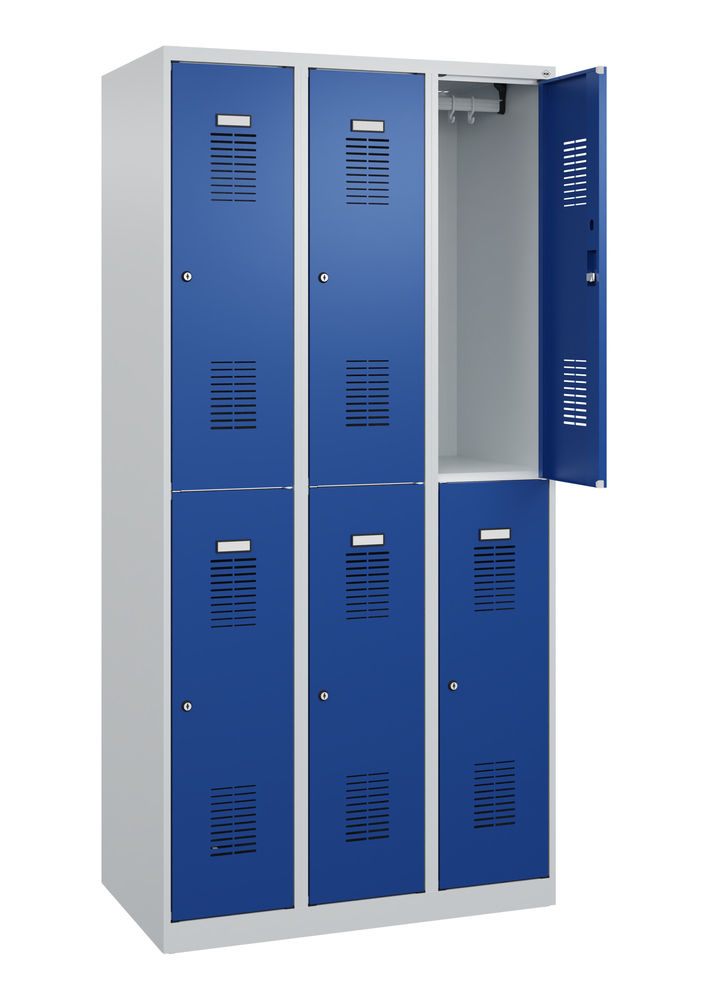 C+P Kleiderspind Doppelstock Basis, 3 Abteile, Zylinderschloss, 900 x 1850 mm, Türen blau