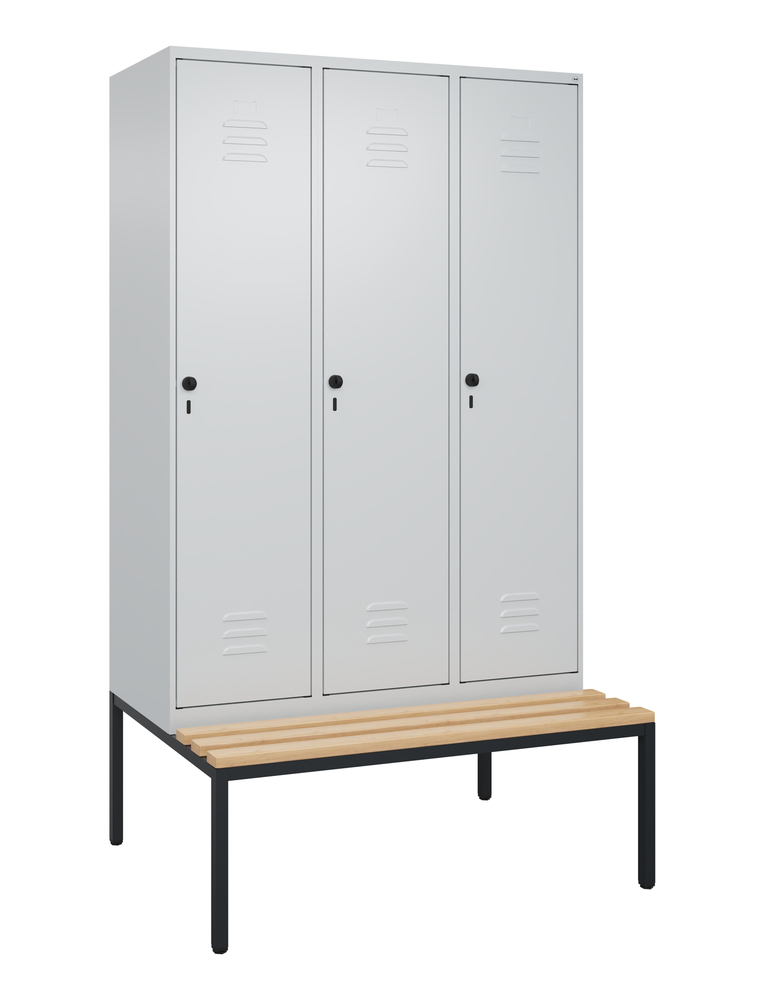 image: Šatňová skriňa s lavicou C+P Cabo, 3 oddelenia, 1200 x 500/815 x 2120 mm, sivá
