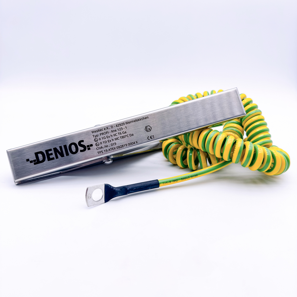 image: DENIOS jordkabel med jordklemme 230 mm og M10-øje, 10 m kabel, grøn/gul, kobber, 4 mm², ATEX