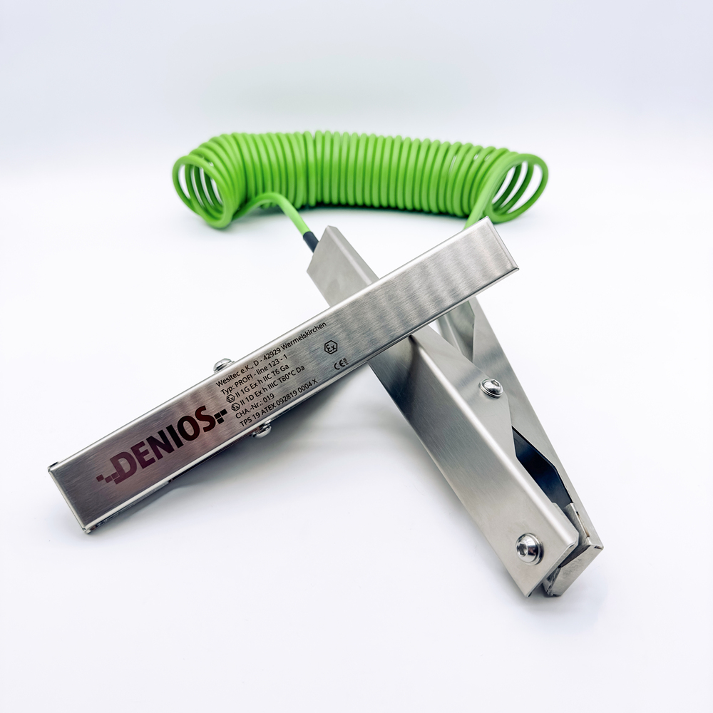 image: DENIOS jordkabel med jordklemmer 230 mm + 230 mm, 10 m kabel, grøn, stål, 4 mm², ATEX