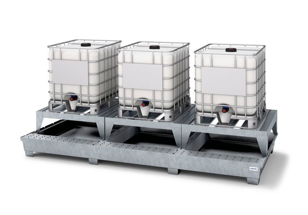 image: Palette de confinement dévers. GRV - 3 IBC - Plateforme distribution/3 sup. inc. - Acier peint