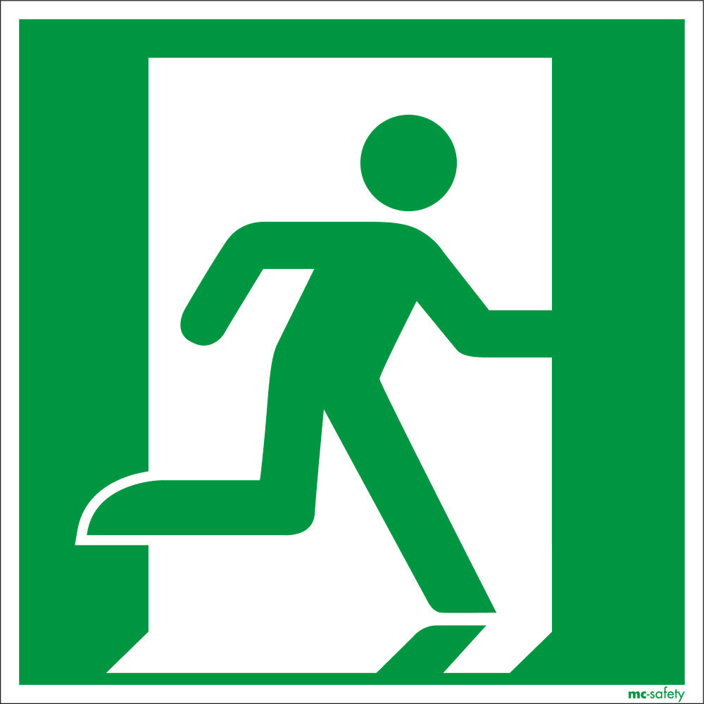 Cartello salv. “Via di evacuazione a destra”, ISO7010, alluminio, fotolum., 150x150 mm, conf. 10 pz.